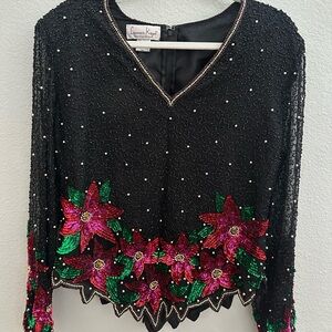 Laurence Kazar Black Top with Pink and Green Floral Beading